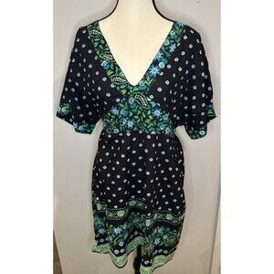 Uttam London Floral Beaded Cotton Dress Tunic Sparkly Green Aqua Black Sz XL